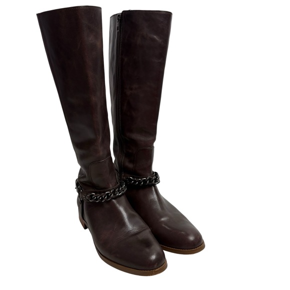 COACH SIZE 9 DARK BROWN KNEE HIGH LEATHER BOOT CHAIN DETAIL - Picture 1 of 8